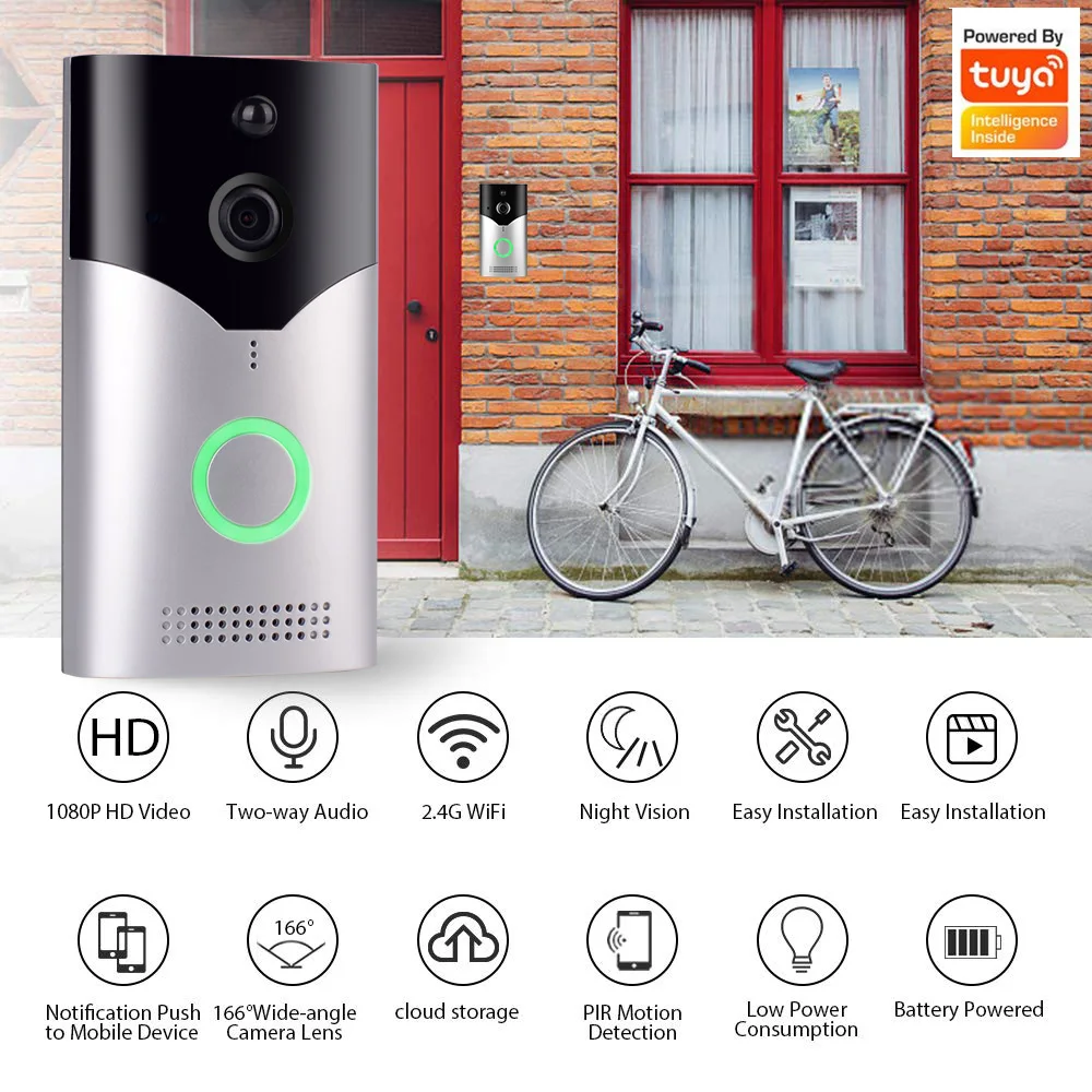 HD 1080P WiFi Doorbell Tuya Smart Life APP Voice Control Wireless Visual Intercom Video Doorbell Rainproof PIR Motion Detector
