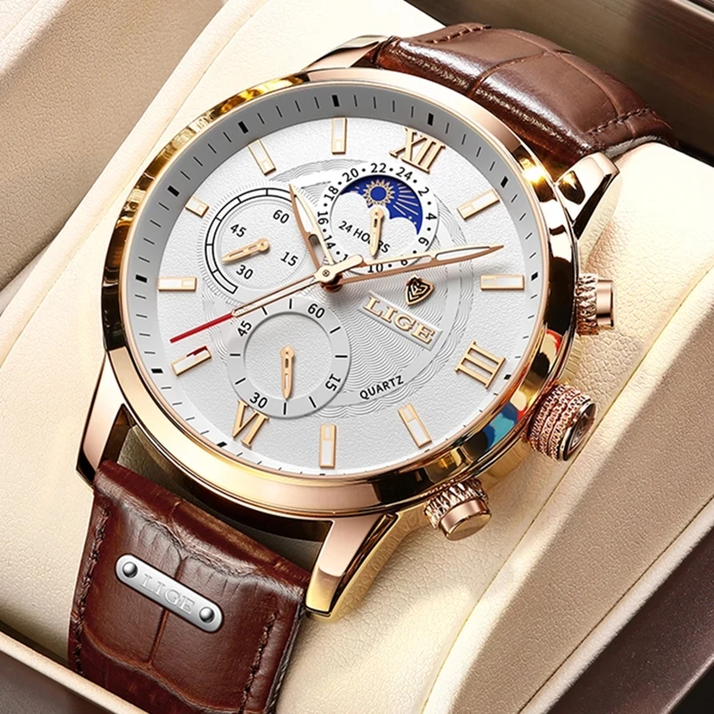 2022 LIGE Watches Mens Top Brand Luxury Clock Casual Leathe 24Hour Moon Phase Men Watch Sports Waterproof Quartz Chronograph+Box