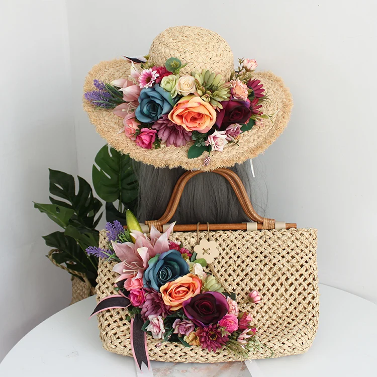 Fashion Flower Rattan Straw Beach Bag Hat Suit Multicolor Flower Top-handle Handbag for Women Summer Vacation Holiday Photograph