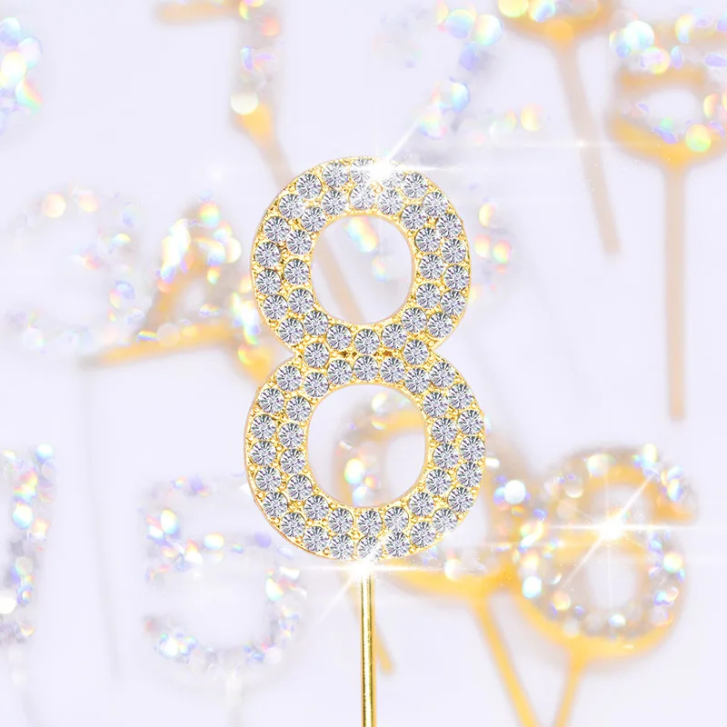 

1pc Alloy Number Cake Topper Gold Silver Diamond-studded Cupcake Topper Dessert Anniversary Birthday Party Decoration Supplies