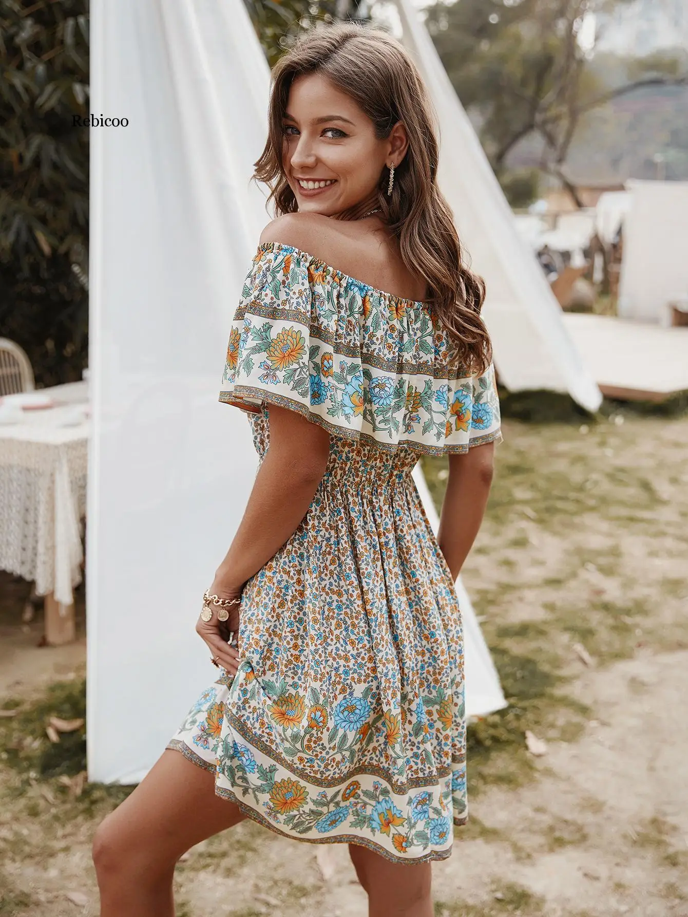 Robe Boho décontractée à manches courtes pour femmes, tenue de soirée, épaules dénudées, Sexy, été