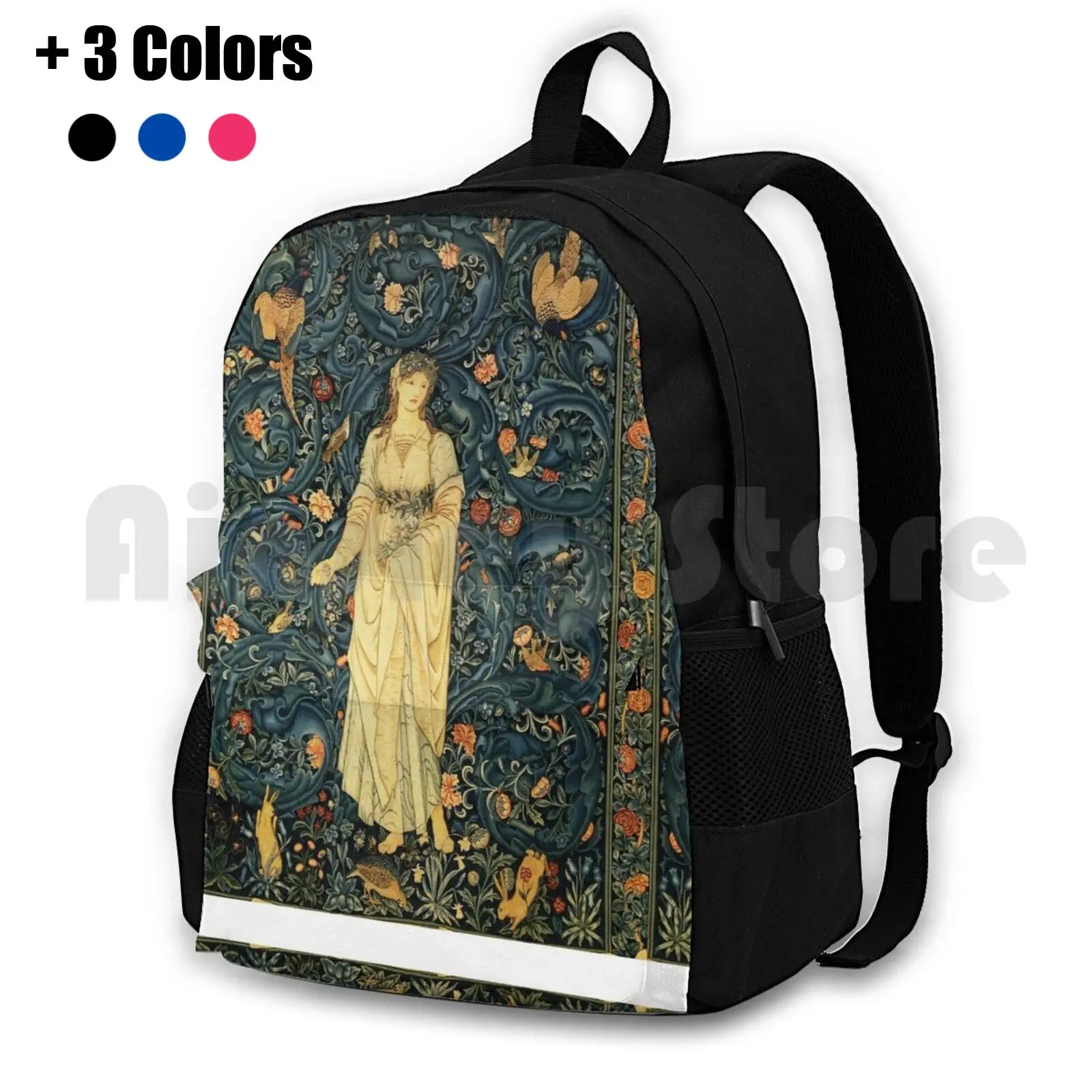 

Lady Flora , Greenery , Forest Animals , Birds , Rabbits Blue Green Floral Tapestry Outdoor Hiking Backpack Riding Climbing