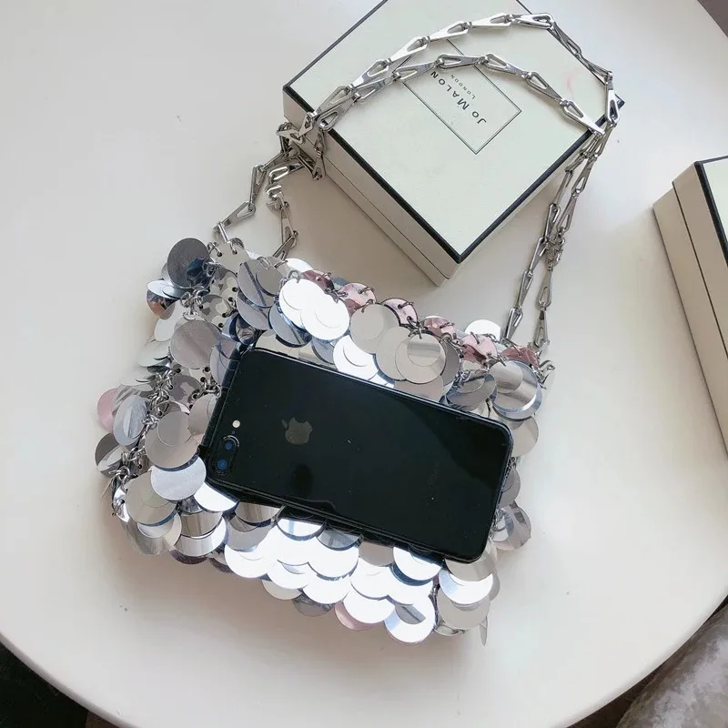 Luxury Women Bags Designer Silver Metal Sequins Chain Woven Bag  Evening Bags Clutch Female Travel Holiday Shoulder Bag Handbag