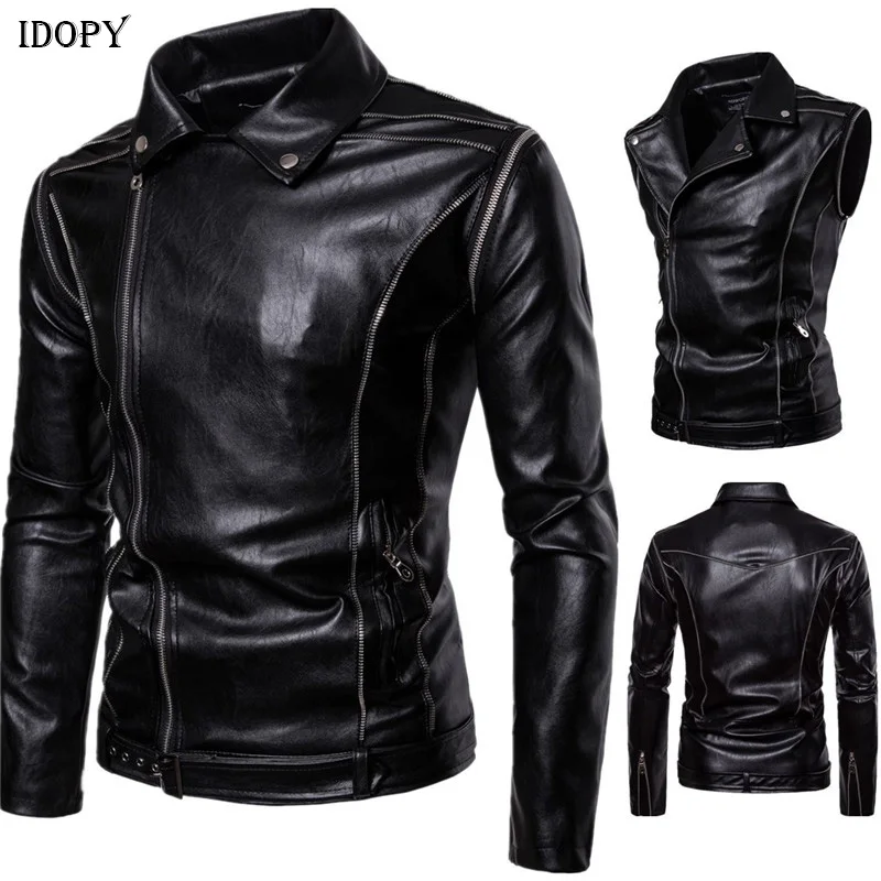 

Idopy Faux Leather Jacket Men Multi Zippers Motorcycle Biker PU Soft Punk Bomber Coat With Detachable Sleeves