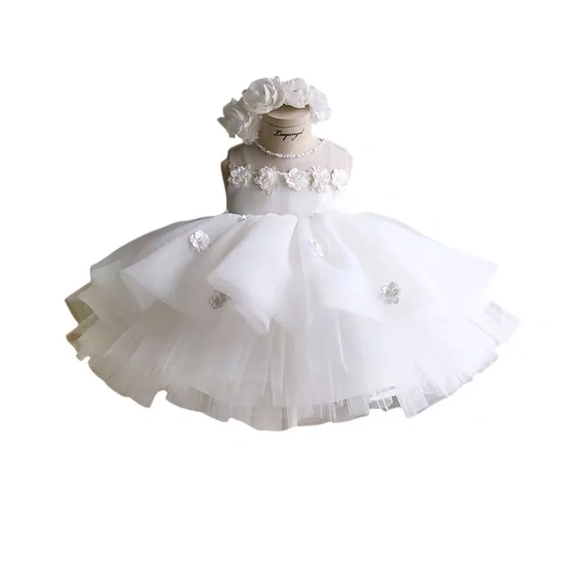 Newborn Baptism Dress For Baby Girl White First Birthday Party Wear 3D Flower Toddler Girl Christening Gown Wedding Vestidos