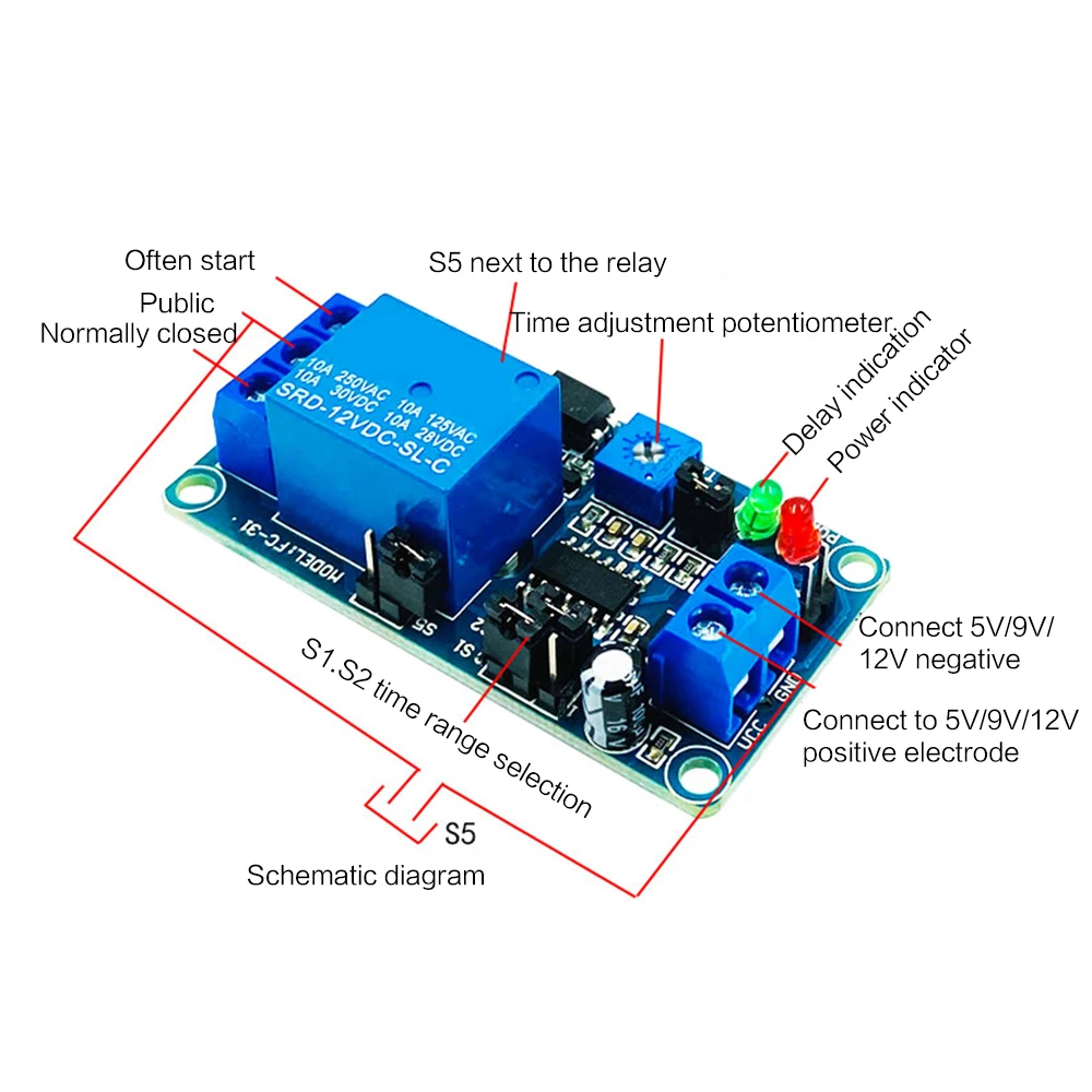 DC 12V Time Relay Module Normal Open Time Delay Relay Timing Timer Relay Control Switch Adjustable Potentiometer LED Indicator