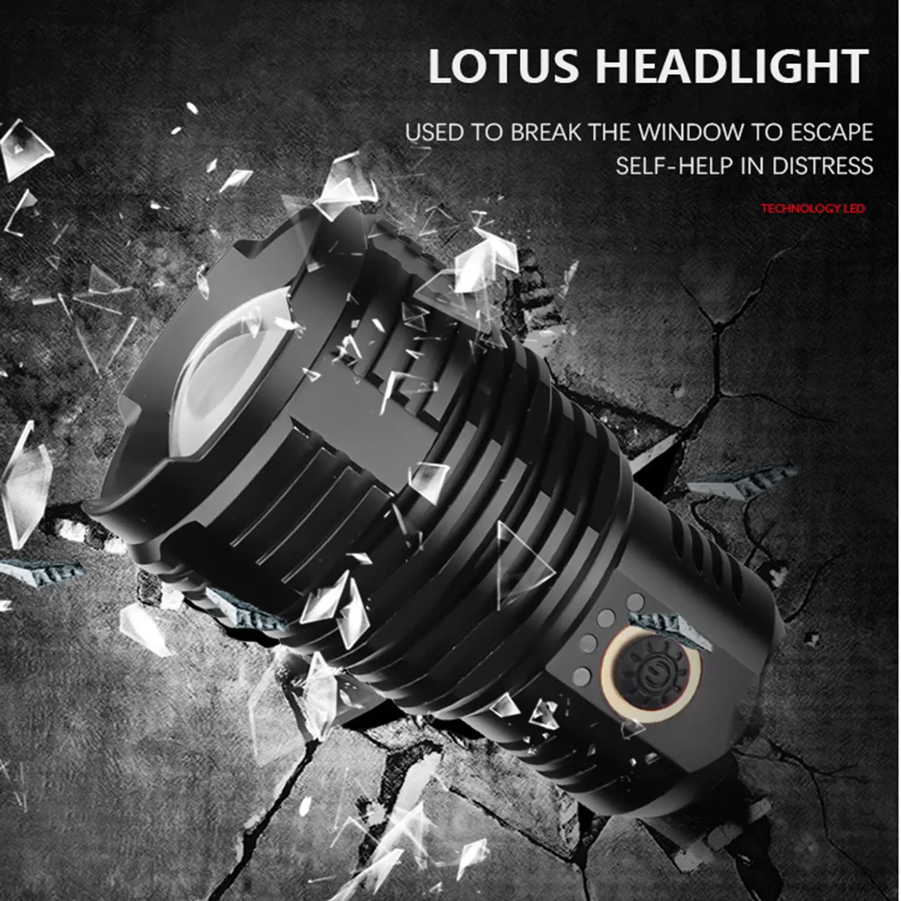 Lanterna LED ultra brilhante com contas de lâmpada LED XHP70.2, tocha à prova d'água com zoom, 5 modos de iluminação, carregamento USB multifuncional