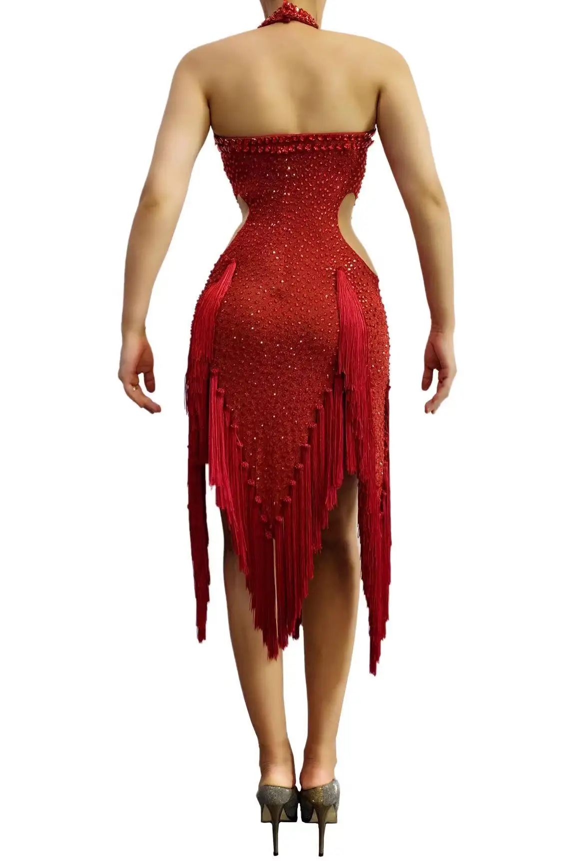Nowe kobiety seksowna scena czerwone świecące kryształy sukienka w stylu latynoskim wieczorowe urodziny świętuj ślub seksowne sukienki z frędzlami sukienka do tańca