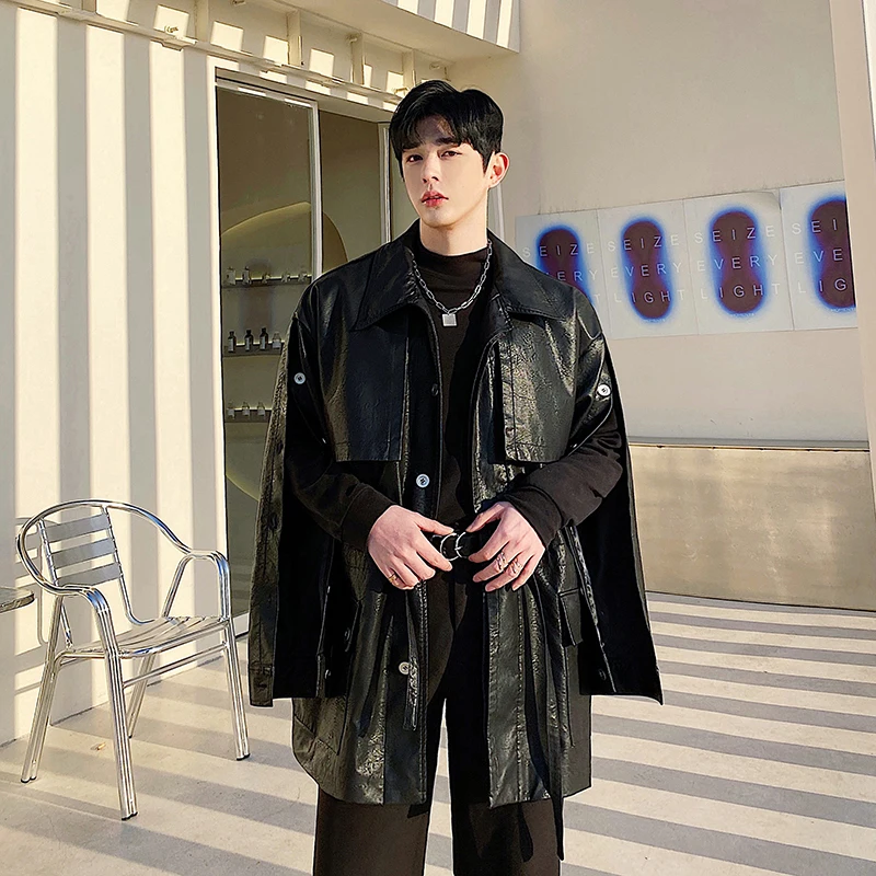 Detachable Sleeve Drawstring Korean Style Vintage Washed Leather Trench Coat Cloak Windbreaker Man Long Jacket Outerwear