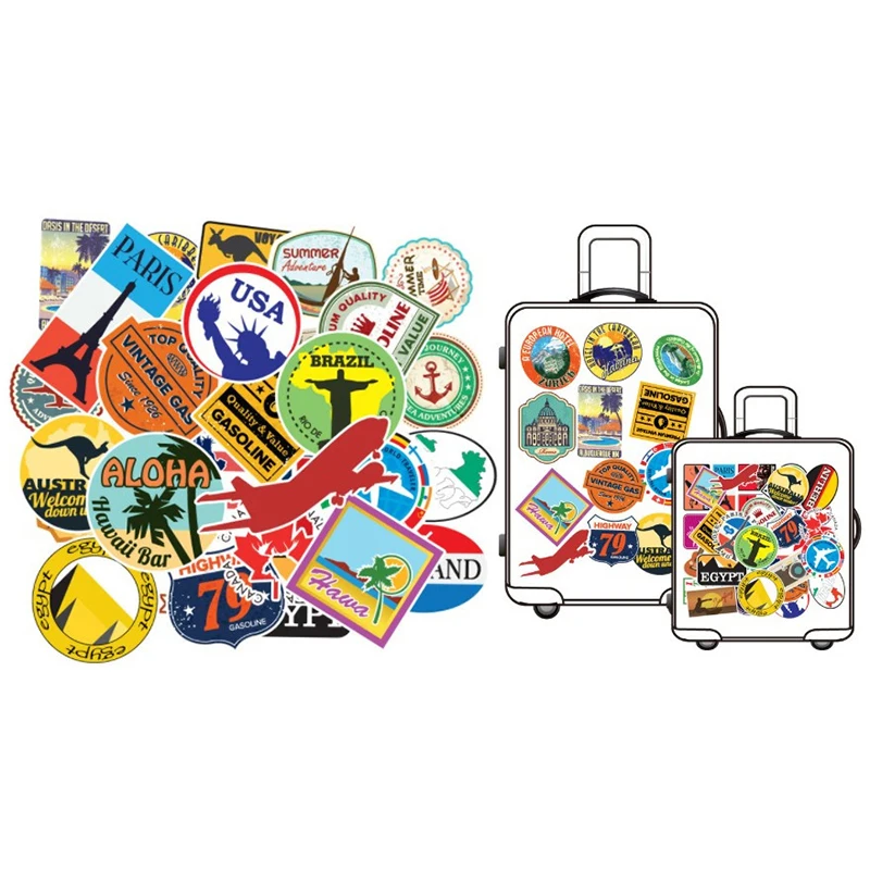 100 Pcs/set PVC Waterproof Travel Map Country Famous Logo Stickers Kids Toys Decor Suitcase Bicycle Car Guitar Skateboard