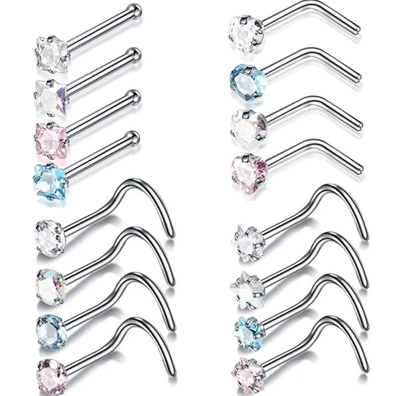 Stainless Steel Crystal L Shaped Nose Ring Set CZ Indian Nose Stud Pack Shiny Zircon Nose Piercing Lot Piercing Nariz Jewelry