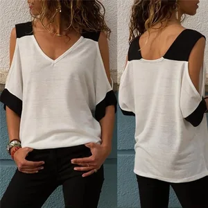 Women's Patchwork Cold Shoulder T-shirt 5XL Tops V-Neck Half Sleeve Female Tee Shirt Summer Casual T Shirt For Women