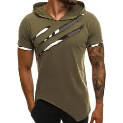 Männer T-Shirts Lässige Ripped Kurzarm Zerrissene Unregelmäßigen Rand Schlank mit Kapuze T-shirt Fitness Hoodie Sommer 2021