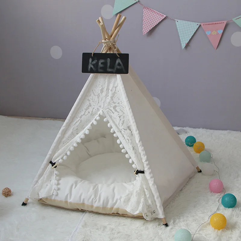 2021 New Decorative Pet Tent With Thick Cushions Dog House Washable Winter Tent Puppy Bed Cat Kennel Portable Teepee Dog Houses