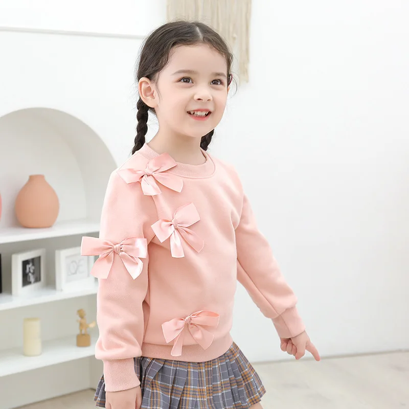 2021 Autumn Winter Kids Girls Sweatshirts Coat Bow Decorate Pink Clothes Children Fluff Sport Casual Sweater