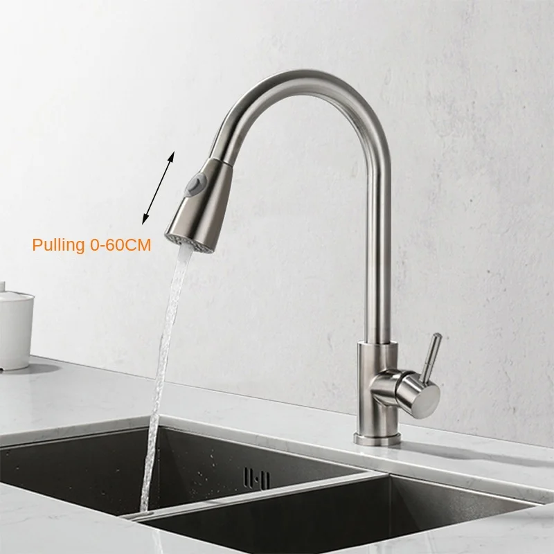 Pull-out Kitchen Sink Hot and Cold Water Faucet Stainless Steel Household Kitchen Sink Vegetable Basin Kitchen Telescopic Faucet