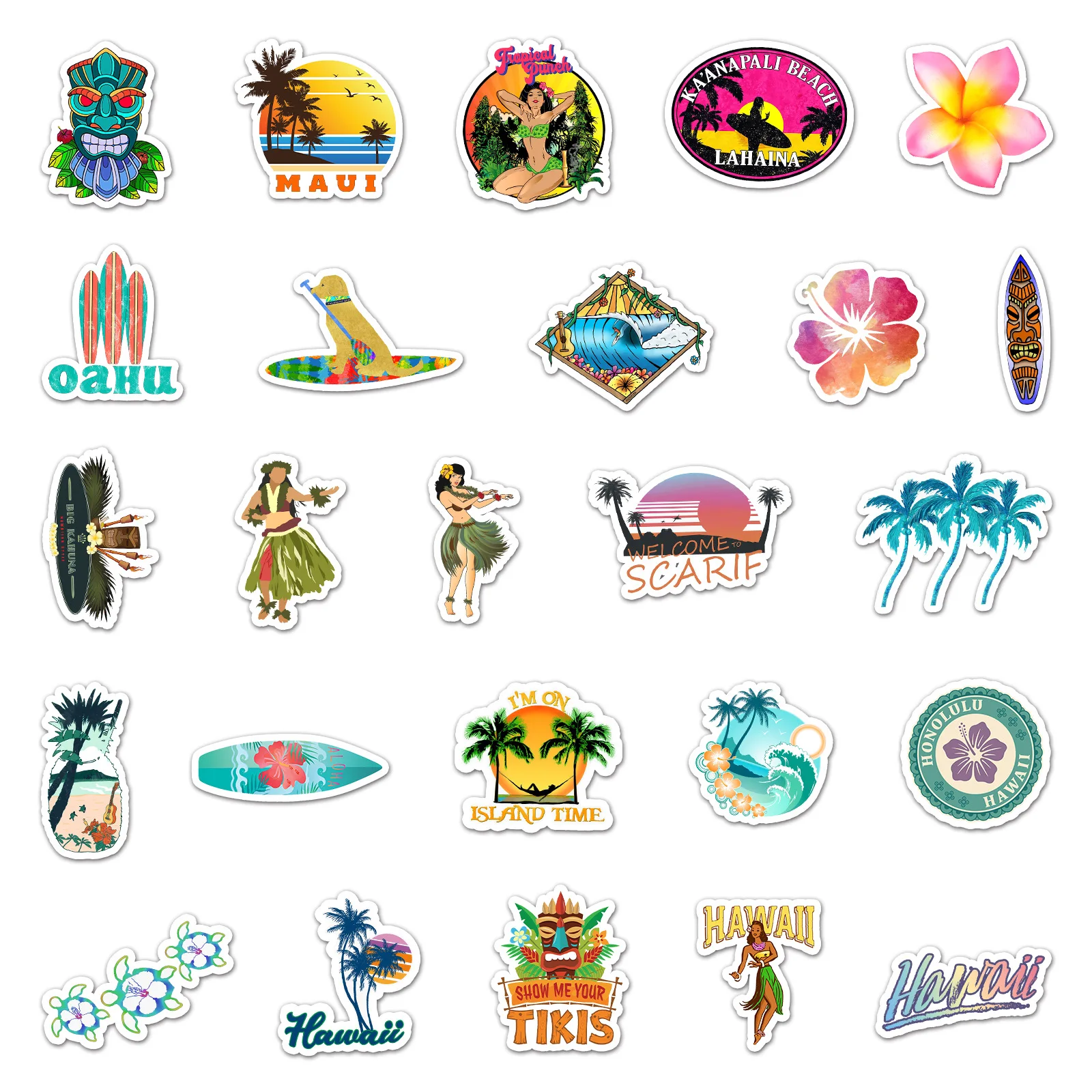 10/30/50PCS Outdoor Hawaii Surfing Stickers Summer Tropical Beach Surfing Waterproof DIY Surfboard Car Skateboard Decal Sticker