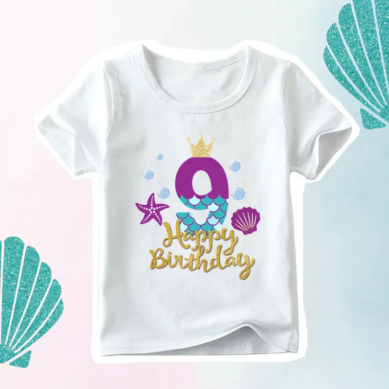 Cute Mermaid Princess Happy Birthday Girls T shirt 1 2 3 4 5 6 7 8 9 Years Kids Clothes Party Children T-shirt Baby Tops,HKP2614