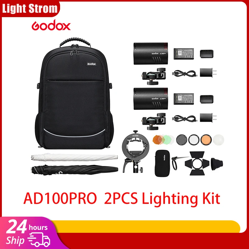 Godox 2pcs AD100Pro AD100 PRO 100W Out Door Flash Flashes with Backpack  + Umbrella + S2 Bracket + AK-R1 Flash Kit