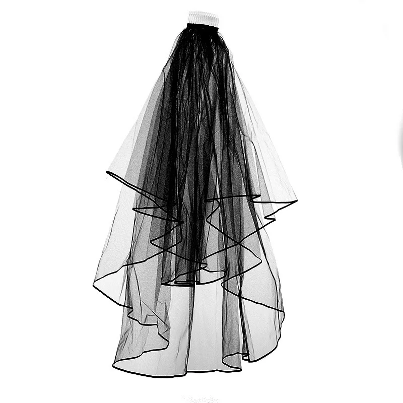 

Gothic Black Wedding Veil Short With Comb Two Layers Tulle Cheap Bride Veil Costume High Quality Ribbon Edge Wedding Accessories