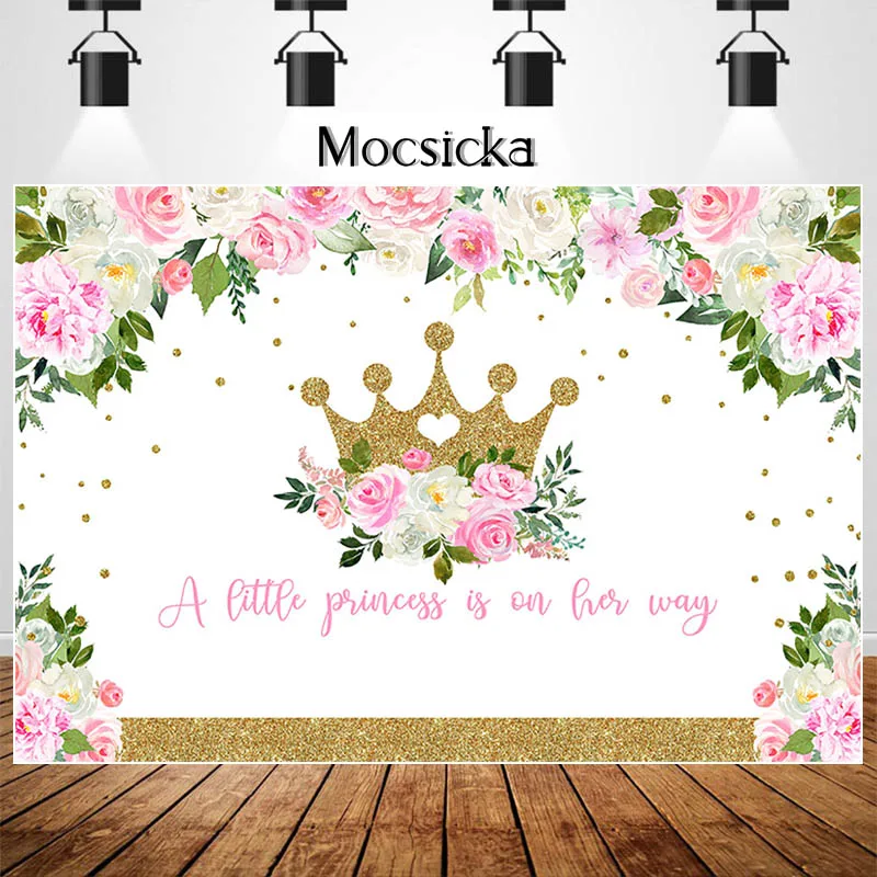 MOCSICKA Watercolor Flowers Baby Shower Backdrop Golden Crown Little Pincess Photography Background Dessert Table Decor Props