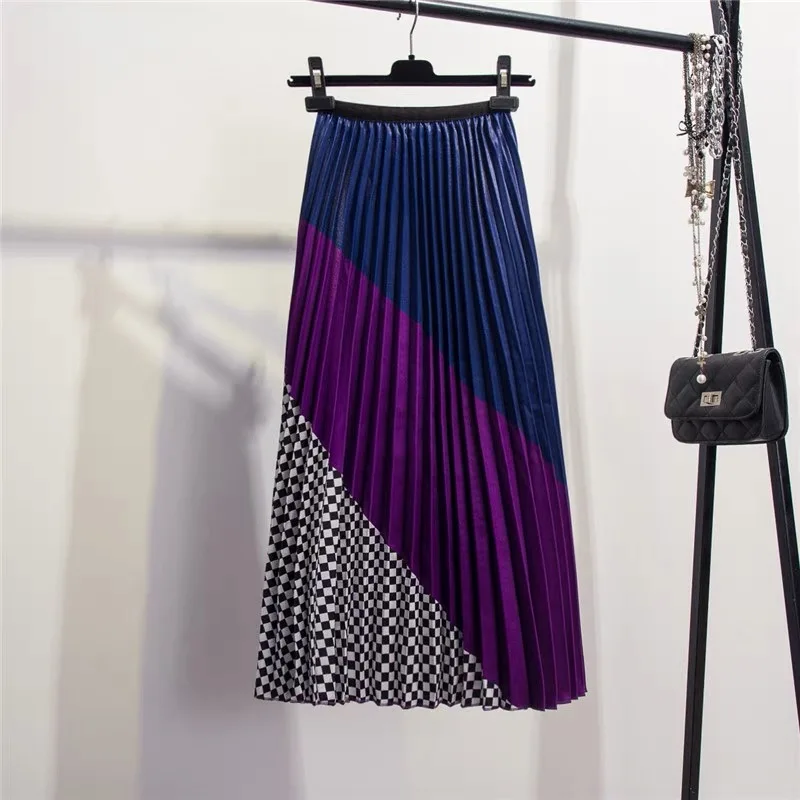 Marwin 2019 Spring New-Coming Europen Color Matching Plaid  Pleated skirt High Street Style Mid-Calf Empire Striped Women Skirts