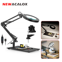 NEWACALOX 5X Magnifying Glass LED Lamp USB 3 Adjustable Colors Black Iron Plate Welding Tool Soldering Iron Repair Illumination