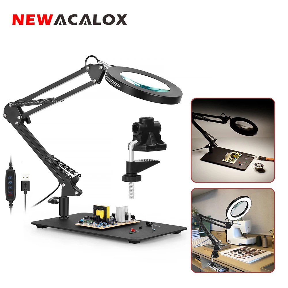 NEWACALOX 5X Magnifying Glass LED Lamp USB 3 Adjustable Colors Black Iron Plate Welding Tool Soldering Iron Repair Illumination