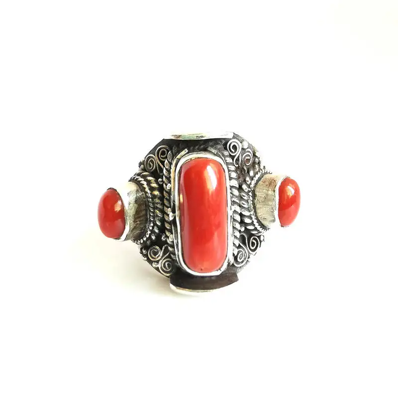 Nepal Hand 925 Sterling Silver Inlaid Bamboo Coral Lovely Rings for Girls Vintage Jewelry T9047