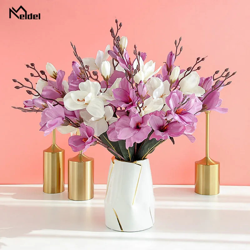 Artificial Flower Magnolia Flower Bouquet Wedding Engineering Decoration Flower Green Plant Fake Flower 5 Forks 20 Heads