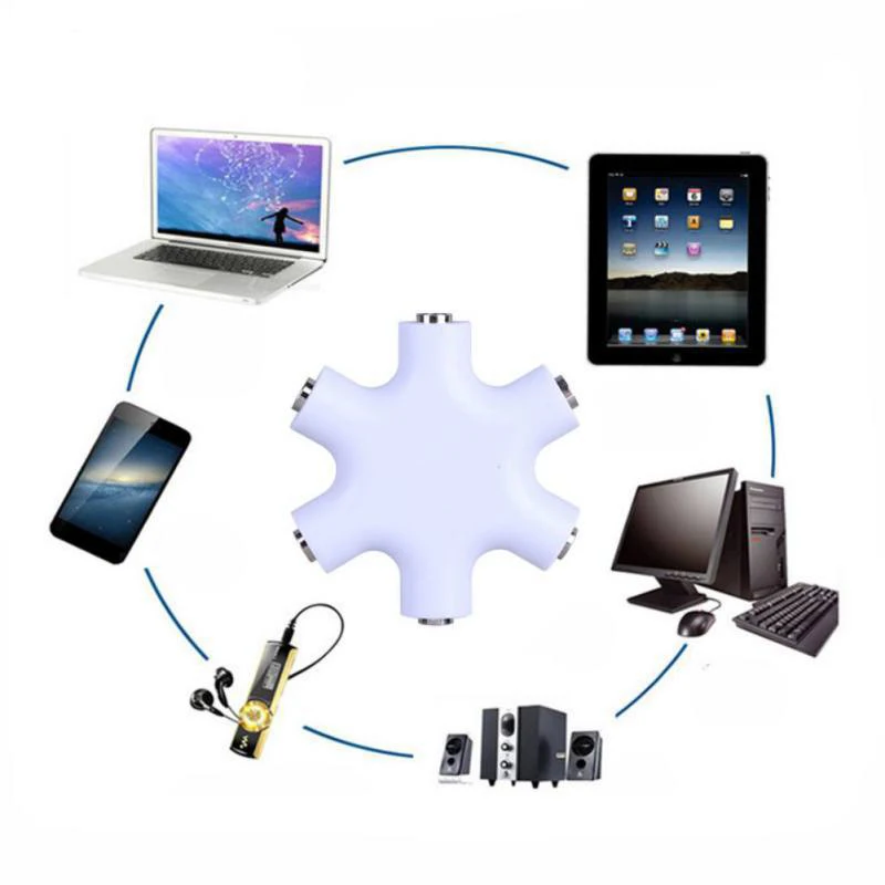 6/1Pc 3.5มม.หูฟังหูฟังสเตอริโอเสียง Splitter1ชาย2 3 4 5พอร์ตชายสายแจ็คสายหูฟัง6 Hub Way Audio Adapter