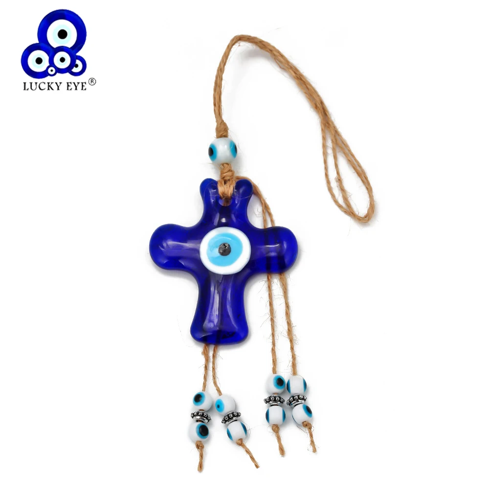 Lucky Eye Glass Cross Blue Evil Eye Keychain Rope Ring Car Keyring Key Chain Holder Wall Hanging Jewelry for Women Men LE243