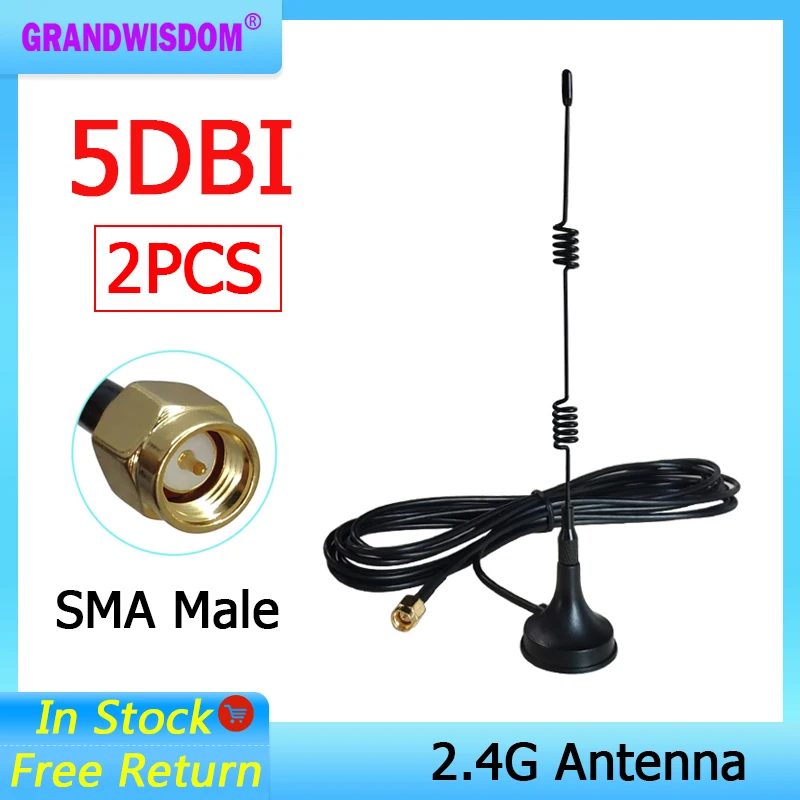 Grandwisdom 2pcs 2.4G antenna 5dbi sma male wlan wifi 2.4ghz antene pbx iot module router signal receiver antena high gain