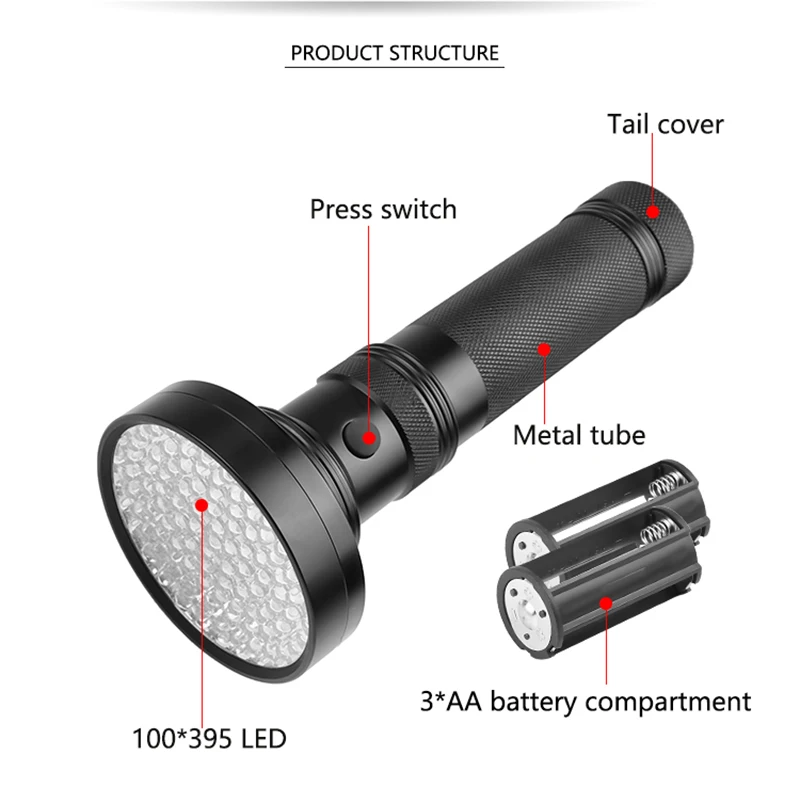 UV Flashlight Black Light, 100 LED 395 Nm Ultraviolet Torch Blacklight Detector for Dry Pets Urine&pet Stains&bed Bug AA Battery