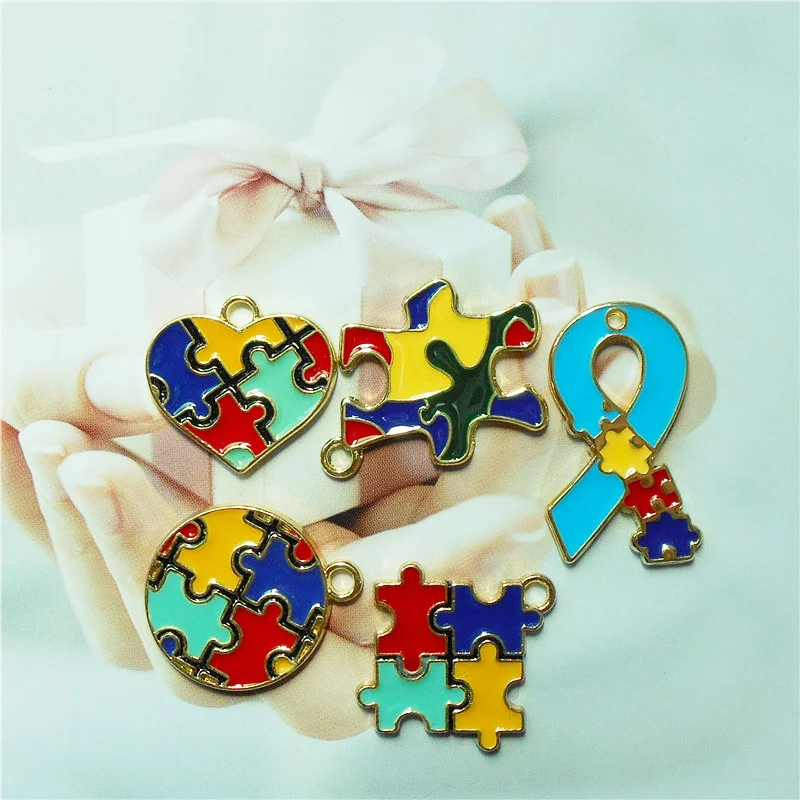 Julie Wang 5PCS Enamel Autism Awareness Jigsaw Puzzle Charms Necklace Bracelet Earrings Jewelry Making Accessory