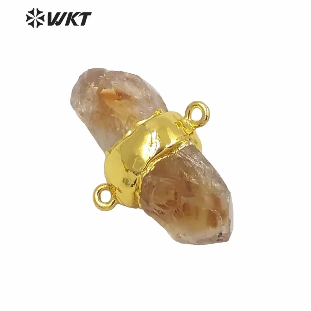 WT-P1613 Amazing Natural Raw Stone Yellow Citrines Quartz Point Pendant Women Gold Double Loops Spirit DIY Accessories