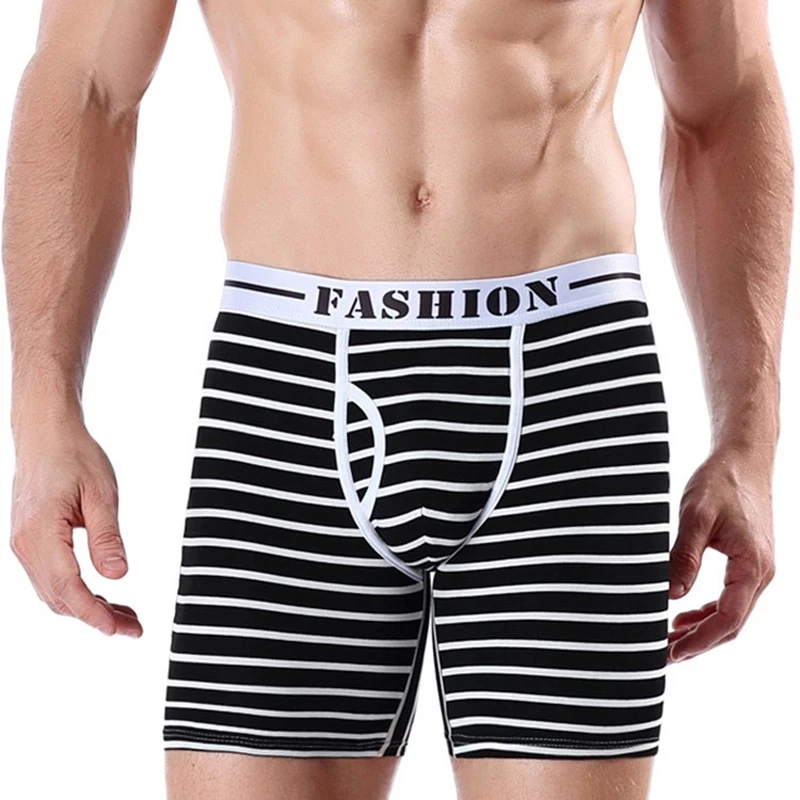 Plus Size Men Stripe Long Leg Boxers Mens Running Fitness Boxer Shorts Cotton Breathable Comfortable Male Underpants Cueca Homme