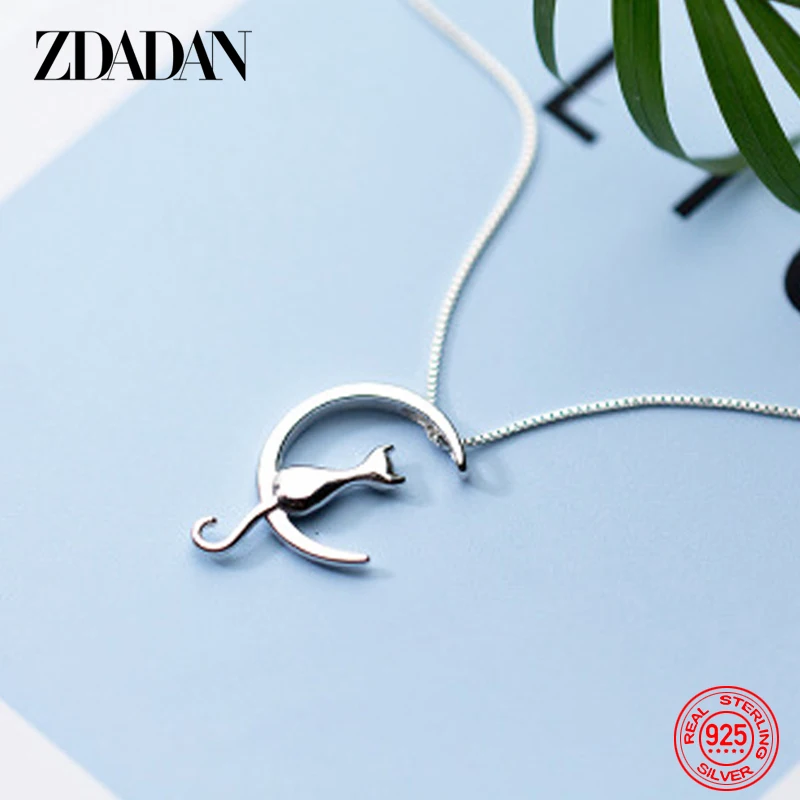 ZDADAN 925 Sterling Silver Simple Cute Clavicle Cat Moon Necklace For Women Chain Jewelry Fashion Gift