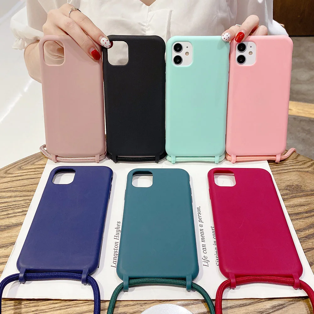 Custodia per telefono in tinta unita per iPhone 13 12 Mini 11 Pro Max XR X XS Max 6 7 8 Plus cordino collana catena appendere cinturino corda copertura corda
