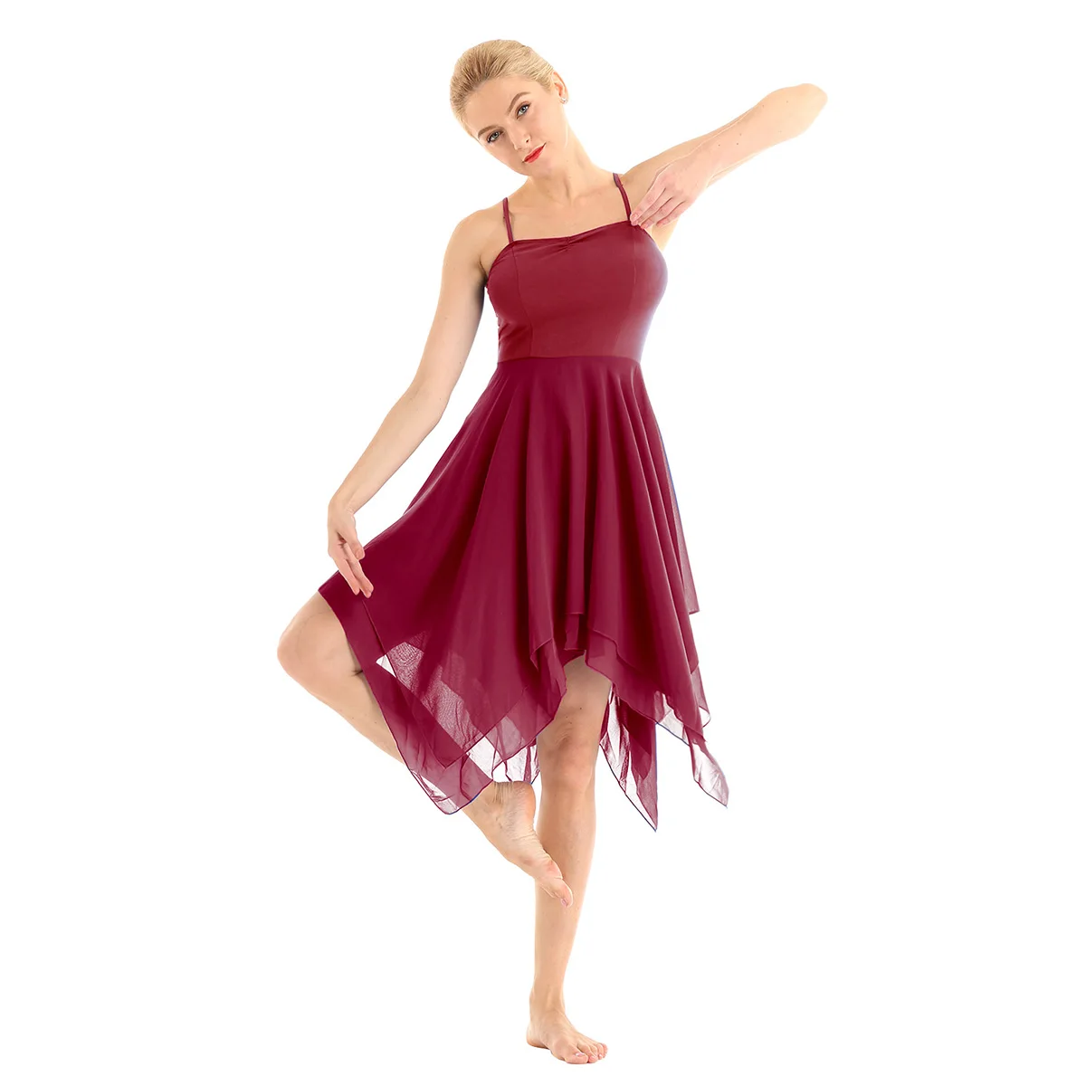 Women Chiffon Ballet Dance Leotard Dress Sleeveless Asymmetric Dancewear Ballroom Modern Contemporary Stage Performance Costume