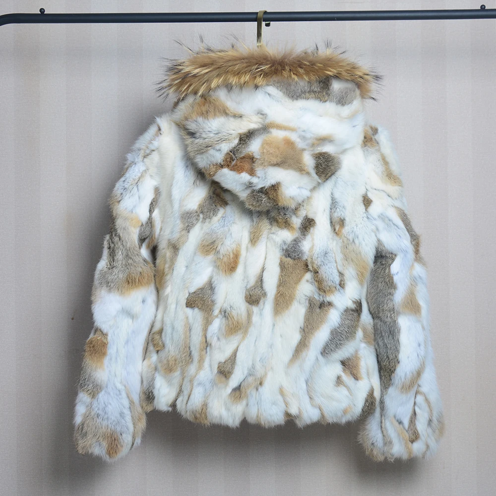 New Women Real Rabbit Fur Coat Winter Warm Soft Rabbit Fur Jacket Raccoon Fur Collar Hooded Long Sleeves Rabbit Fur Outerwear