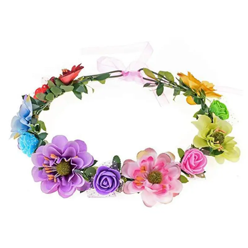 Women Elegant Rose Flower Headband with Adjustable Ribbon Wreath Crown Floral Wedding Hair Garland for Activities Party