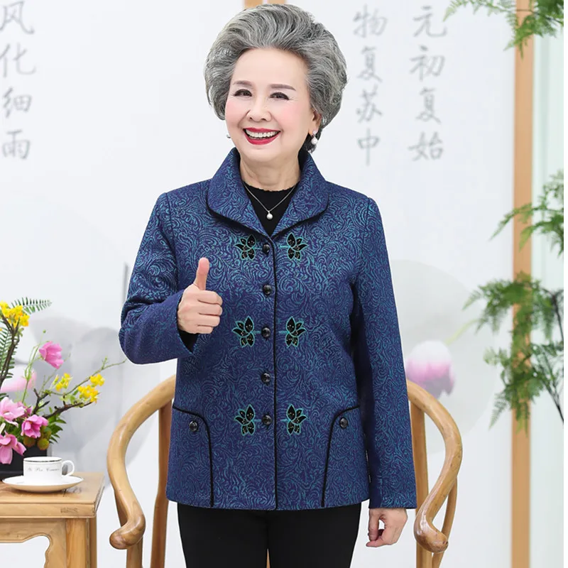 New Elderly Women Spring Autumn Coat Casual Long Sleeve Female Cardigan Tops Grandmothe Jacket Short Outerwear 5XL W2073