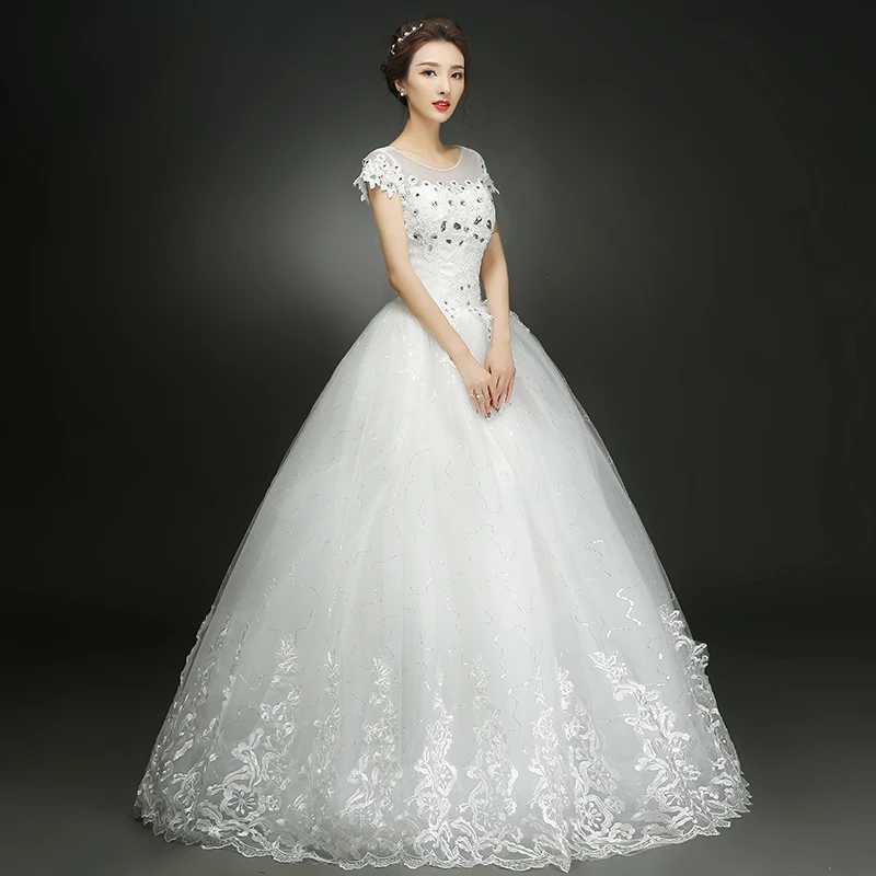 AnXin SH Princess flower white lace vintage illusion beading crystal white o neck short sleeve lace up customized wedding dress