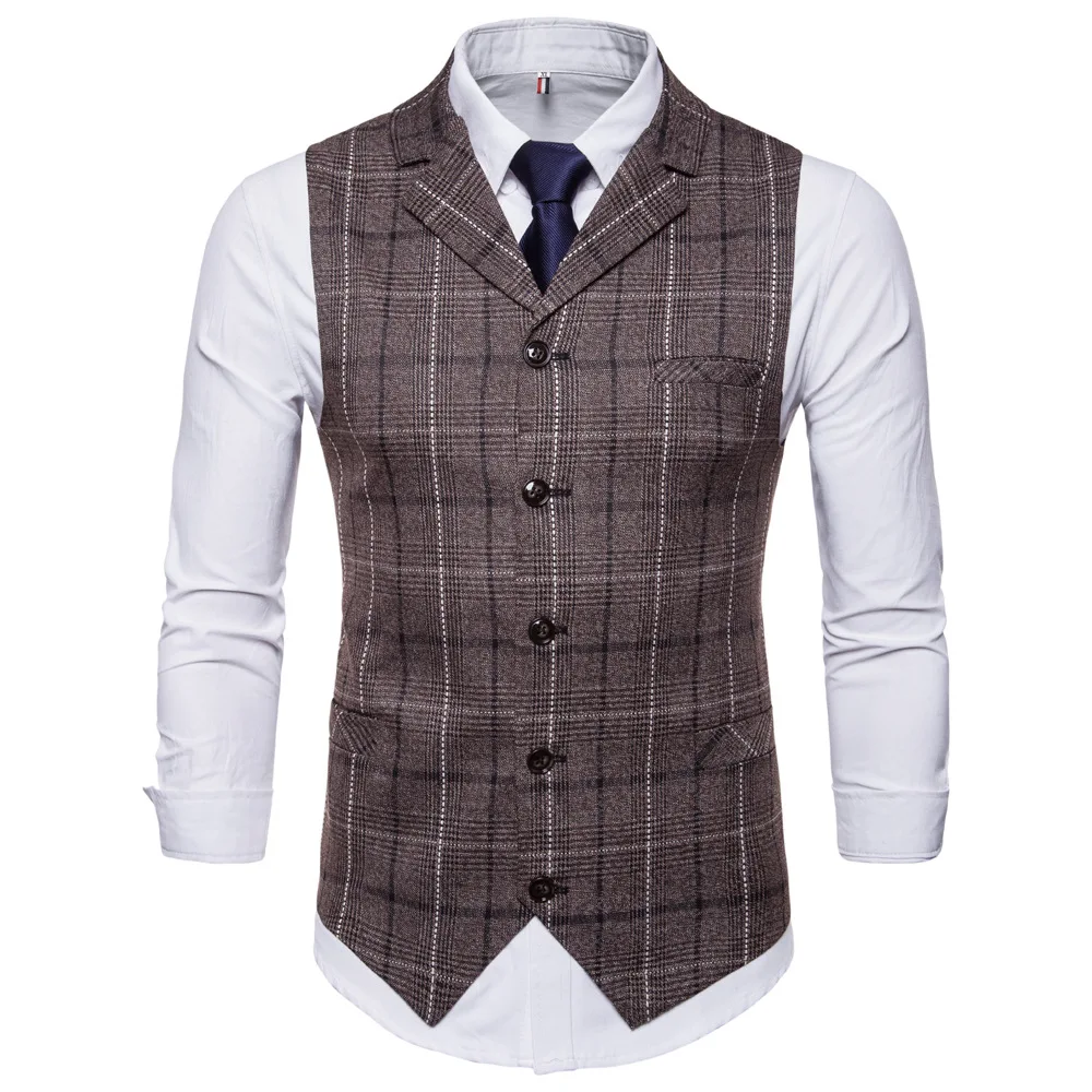 New 2020 Tweed Suit Men Vest Plaid Sleeveless Jacket Vests for Men Waistcoat Vintage Men\'s vest with Lapel gilet homme costume