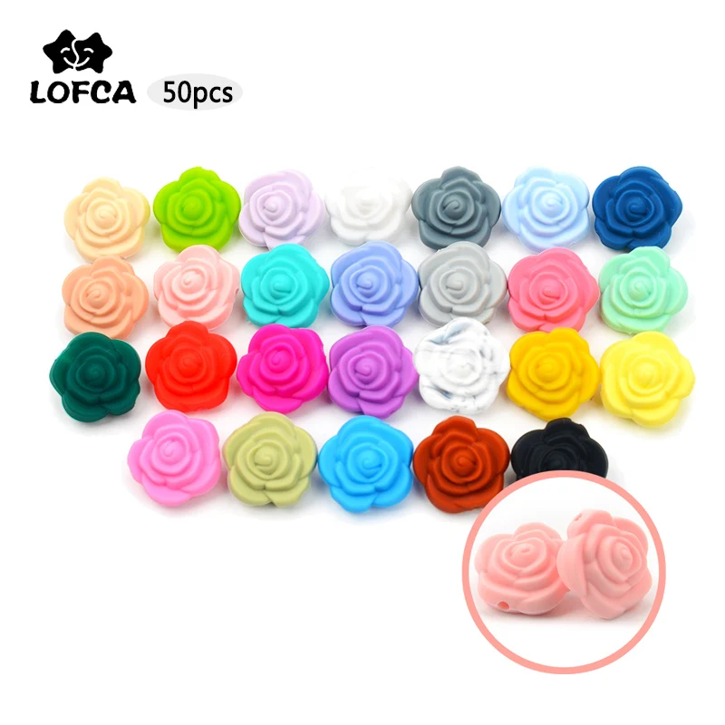 LOFCA 50pcs Silicone Beads Rose Flower Baby Teethers BPA Free Food Grade Baby Silicone Teething Beads For Baby Pacifier Chain