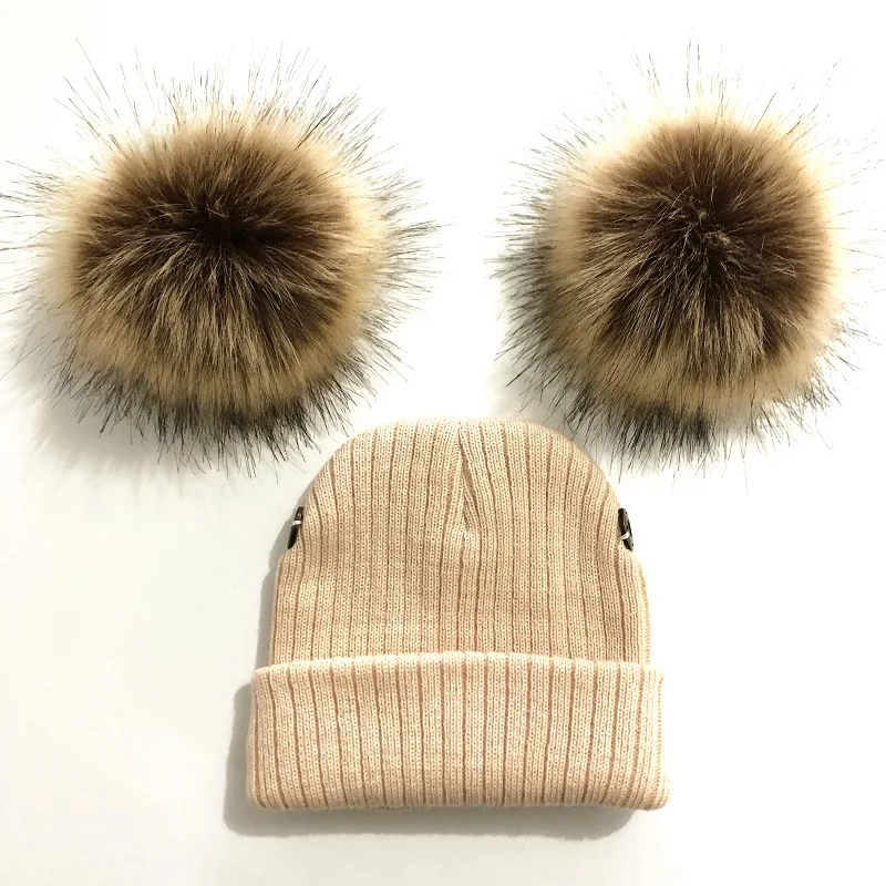 Crianças malha de pele do falso duplo pompom chapéu tampas de inverno para bebê menina criança crianças gorro