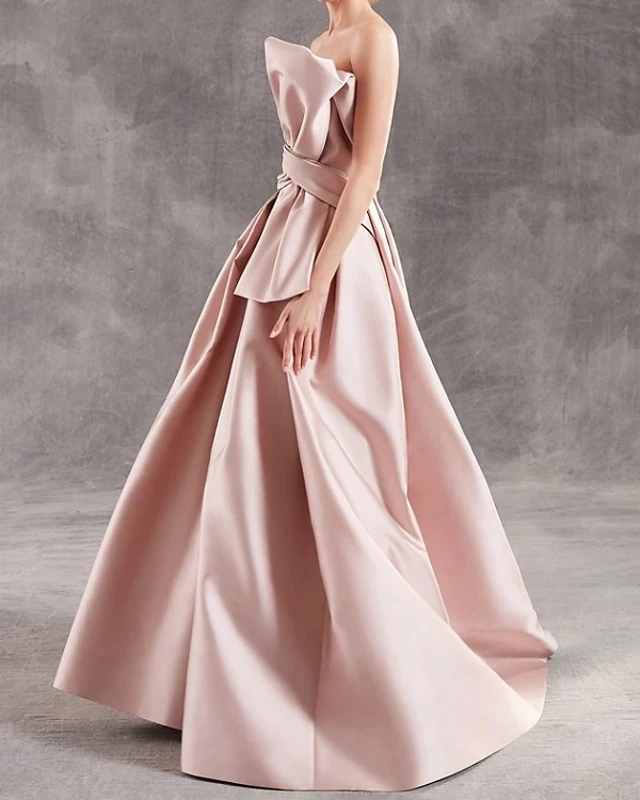 Elegant หมั้นสีชมพูอย่างเป็นทางการชุดราตรี Strapless Sleeveless ซาตินโบว์ Sash จัดเลี้ยงชุดราตรี Robe De Soriee