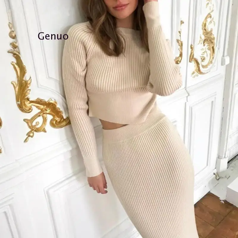 Knitted Sweater and Skirt Two Piece Set Women Autumn Slim Fit Crop Tops Women Sweater Skirts 2 Piece Sets Womens Outfits