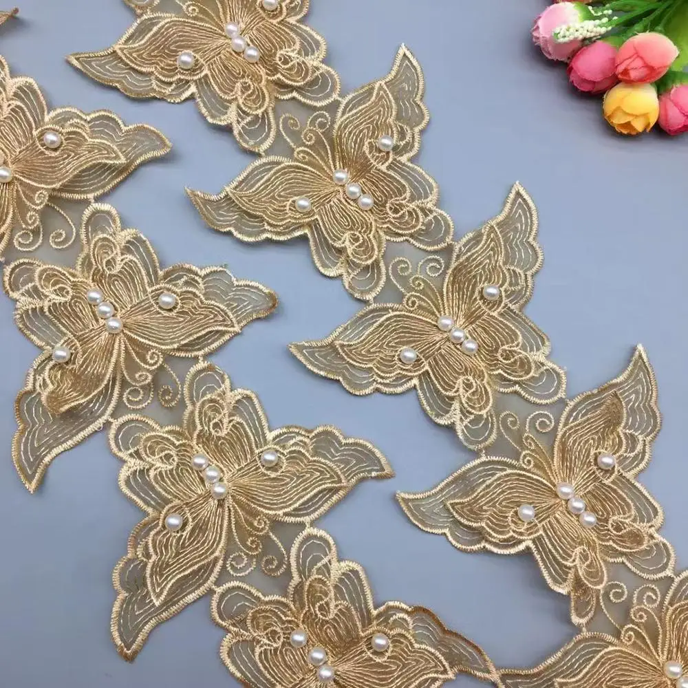 10x Oro Perla Del Merletto In Rilievo 7.5X11CM Farfalla Ricamato 3D Flower Lace Trim FAI DA TE Applique Tessuto Mestiere di Cucito FAI DA TE Abito